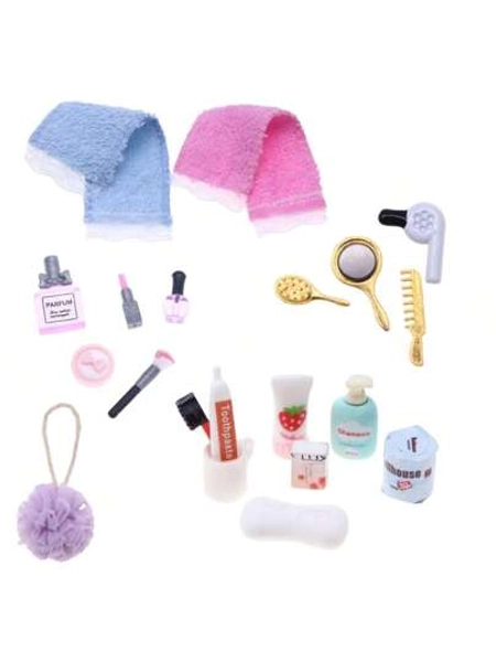 Dollhouse Accessories - Mini Lipstick, Perfume, Bathroom Set, Towel, Hair Dryer, BJD Miniature Bathing Scene Cosmetic Props, Micro Toys, Decorative Models