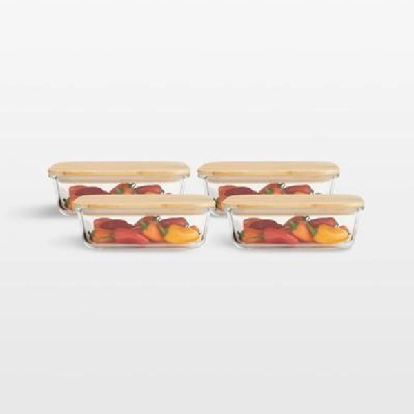 Crate & Barrel Rectangular Glass Storage Container with Bamboo Lid, 4-cup, Set of 4
