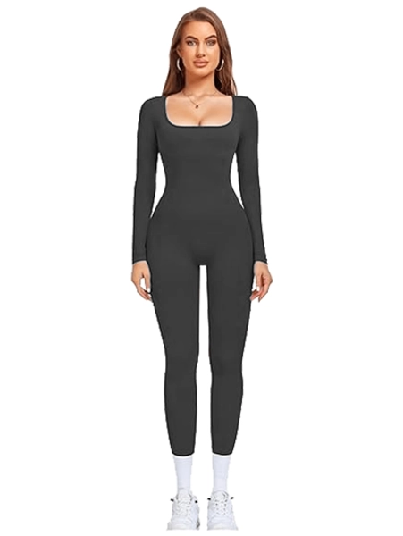 Women's Ribbed Long Sleeve Yoga Jumpsuit With Square Neck And Full Length Leggings - Comfort, Rompers