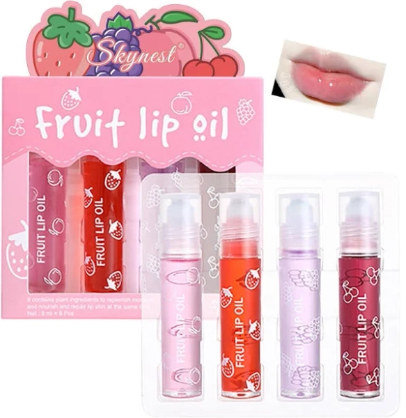Skynest Girls Roll On Lip Gloss Set with Case 4 Pcs Glossy Lip Make up for Kids