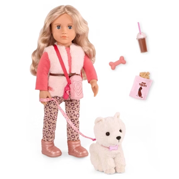 Our Generation Kinsley & Kenzi 18" Doll & Pet Puppy Set: Blonde Wavy Hair, Gray Eyes, Plastic & Polyester Material