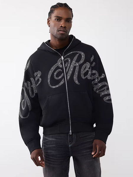 RHINESTONE SCRIPT BOXY ZIP HOODIE