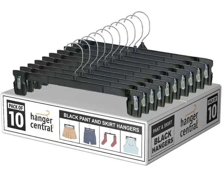 Hanger Central 10 Pack Black Plastic Pants Hangers with Clips