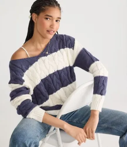 Striped Slouchy Cable V-Neck Sweater