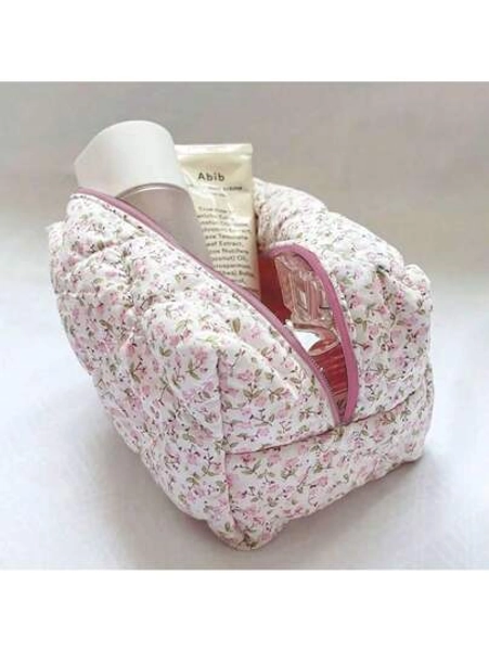 1 Pc Flower Printed Zipper Makeup Bag Storage Organizer Makeup Accessory Toiletry Handbag Cosmetic Pouch Large Travel Cosmetic Bag