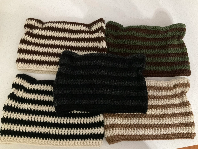 PREORDER! Handmade Crocheted Striped Small Cat Ear Beanie Hat - Wolf, Dog, Fox!