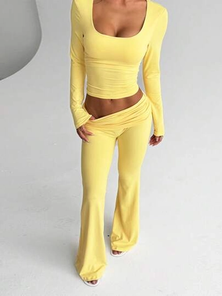 WOWDARK Women's Fashion Square Neck Fitted Casual Cropped Top And Long Pants Set