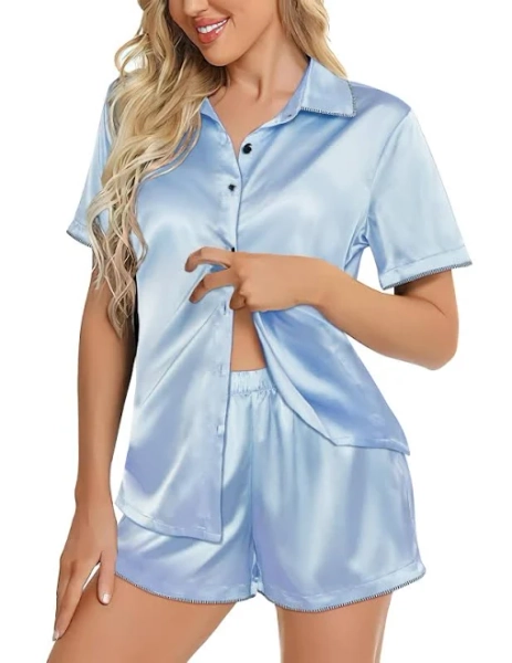 Ekouaer Women's Silky Satin Short Sleeve Button Down Pajamas Set
