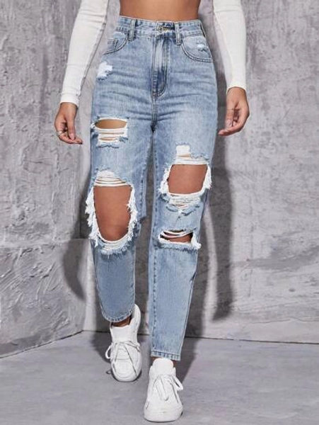 Women's Straight Leg Ripped Loose Casual Jeans With Pockets