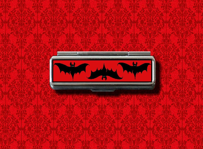 Bat Print Bats Flying Halloween Vampire Dracula Red Trinket Stash Metal Lip Balm Lip Gloss Gum Cotton Swab Makeup Lipstick Case Holder