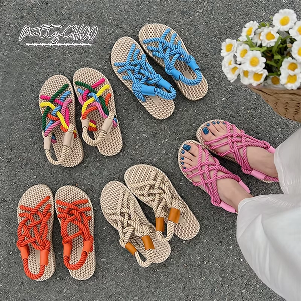 Rainbow Color Rope Sandals Woman Retro Weaved Fishman Sandalias Ladies Sea Blue Beach Slippers Handmade Bohemian Straw Shoes - AliExpress 322
