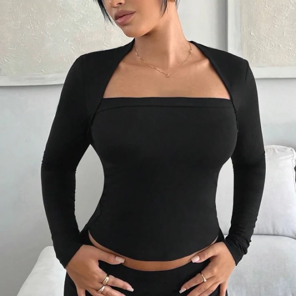 SHEIN Black Square Neck Long Sleeve T-Shirt Women's Clothing Graphic Tees Shirts Crop Tops Slim Fit Knitted Fabric Casual Fall Stage Concert,S