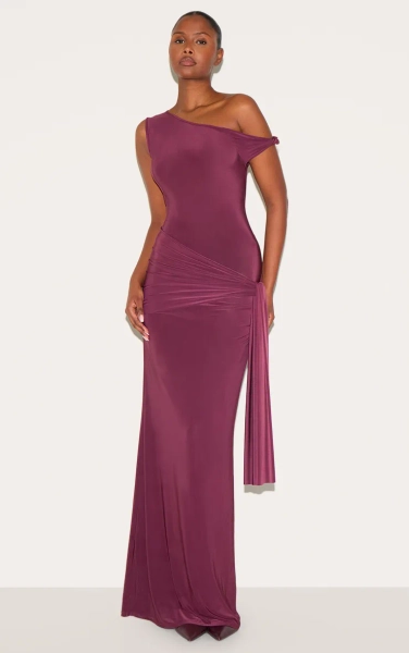 Plum Slinky Off Shoulder Wrap Detail Maxi Dress