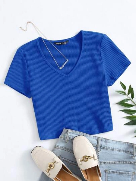 SHEIN EZwear Women's Summer Solid Color V-Neck Short Sleeve Ribbed Casual T-Shirt