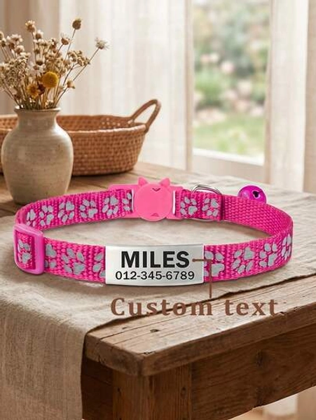Customized Reflective Personalized Cat Collar With Detachable Buckle, Bell And Paw Print Pattern, Suitable For Small And Medium Male And Female Cats Ornamental,Engraved,Stainless Stylish,Fashion,Colorful,Vintage,Cute,Contracted,Cuties Custom,Unique,Customized,Personalized Pet For Anniversaries,For Birthdays,Customized Pet Supplies,Easy Comfort,Christmas Gift Supplies