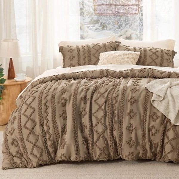 Bedsure Tufted Boho Comforter Set Twin Size - Brown Boho Bed Set, GentleSoft™ 2 Pieces Farmhouse Shabby Chic Embroidery Bedding, Gifts for Woman, Soft