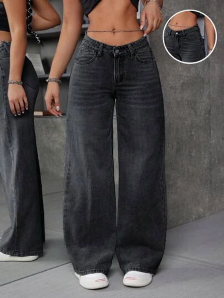 SHEIN ICON Women's Pocketed Wide Leg Relaxed V-Waist Denim Jeans