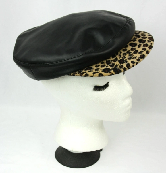 Vintage Liz Claiborne First Issue Velvet Leopard Print Faux Leather Cabbie Newsboy Hat Cap 1990s