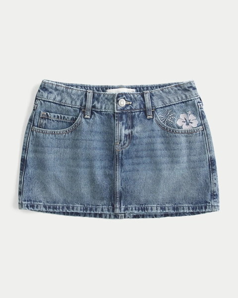 Low-Rise Medium Wash Embroidered Denim Mini Skort