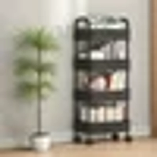 MORESEC under $5 Kitchen Storage Cart, 4-Tier Black Kitchen Storage Cart, Rolling Bathroom Organizer with Handles, Multi-Purpose Utility Cart for Home, Mobile Shelf Unit with Hooks