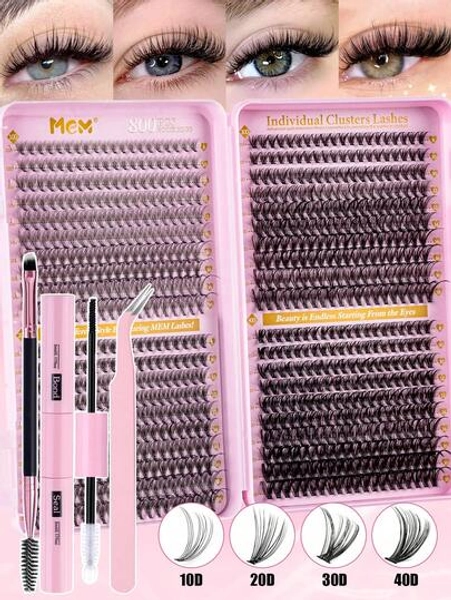 MEM 800pcs 8-18mm C Curl 6D-40D Fluffy Cluster False Eyelashes, Upper And Lower Lashes, With Y2K Pink Butterfly Tray, Complete DIY Set Including Glue, Remover And Tweezers, Soft Large Capacity False Eyelashes