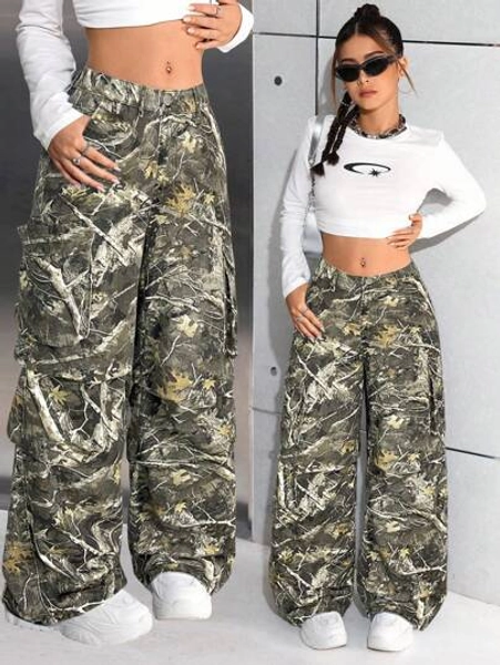 SHEIN Teen Girl Camouflage & Branch Print Loose Wide Leg Jeans, Camo Cargo Pants, Cargo Pants Y2k, Fall Winter