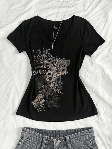 StreetHx Women's Summer V-Neck Slim Fit T-Shirt With Vintage Cross Floral Punk Subculture Anime Print, Short Sleeve V-Neck