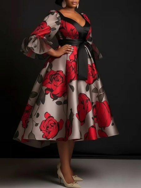 spring summer womens waist cinching printed big skirt dress - Temu