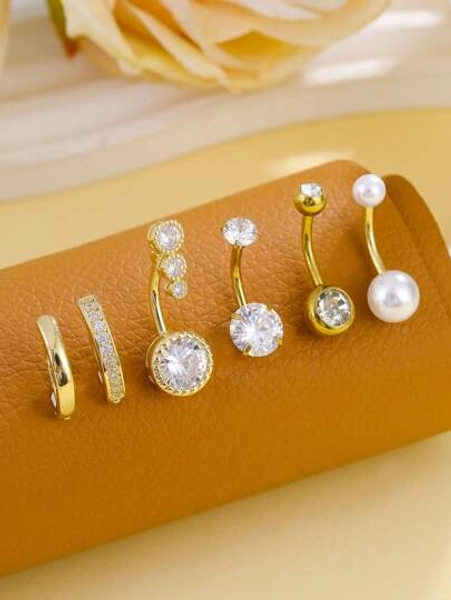 6 Pcs Stainless Steel Classic Gold And Silver Perforated Belly Button Rings Set, Sparkling Zirconia Inlaid With Imitation Pearls, Cute Belly Piercing Jewelry For Daily Wear, Used For Women's Jewelry