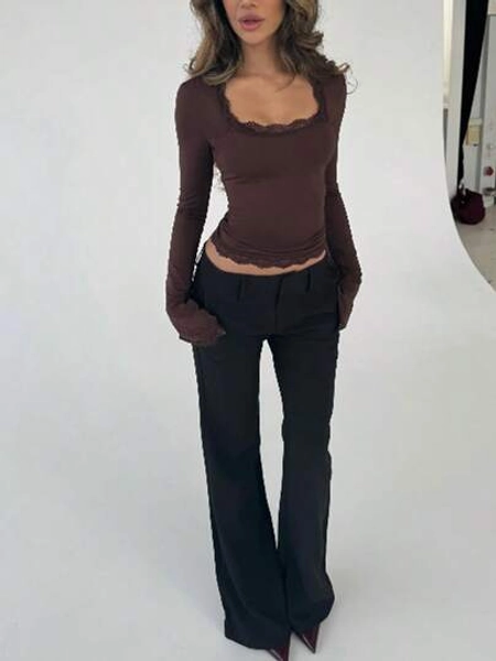 Women's Spring Autumn Lace Trim Blouses Long Sleeve Square Neck Slim  Party Tops