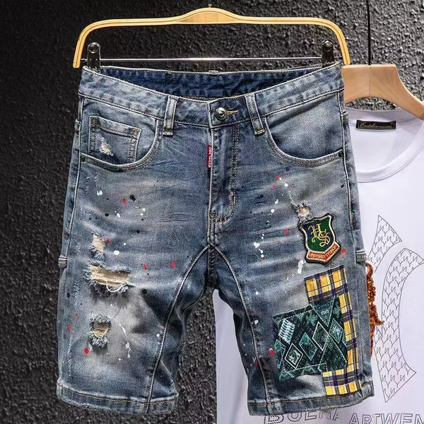 New Luxury Fashion Ink Splashing Blue Denim Shorts Men's Korean Brand Youth Summer Thin Embroidered Designer Ripped Short Pants - AliExpress 200000343
