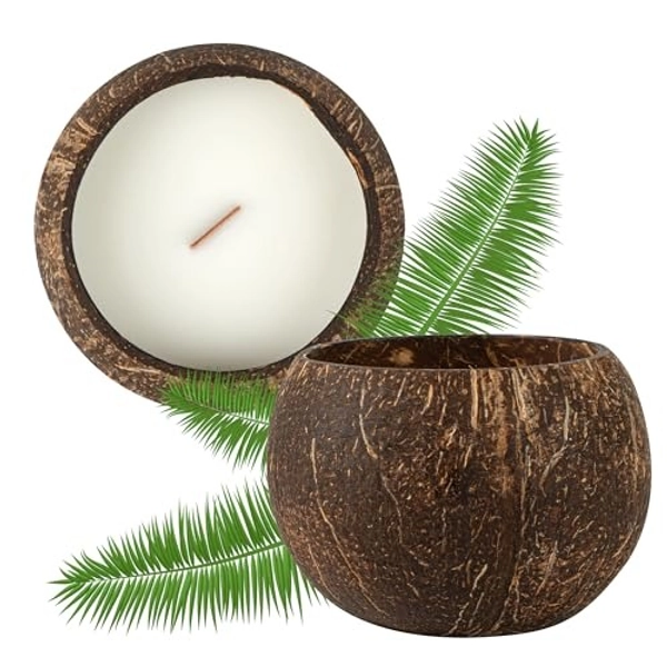 Restaurantware-Coco Casa 1 Hand Poured Coconut Shell Candles, 3.9 x 2.8 Inch Natural Shell Candles - Coconut Mango Fragrance, Double Wax Blend, Soy Wax Scented Light, Wooden Wick