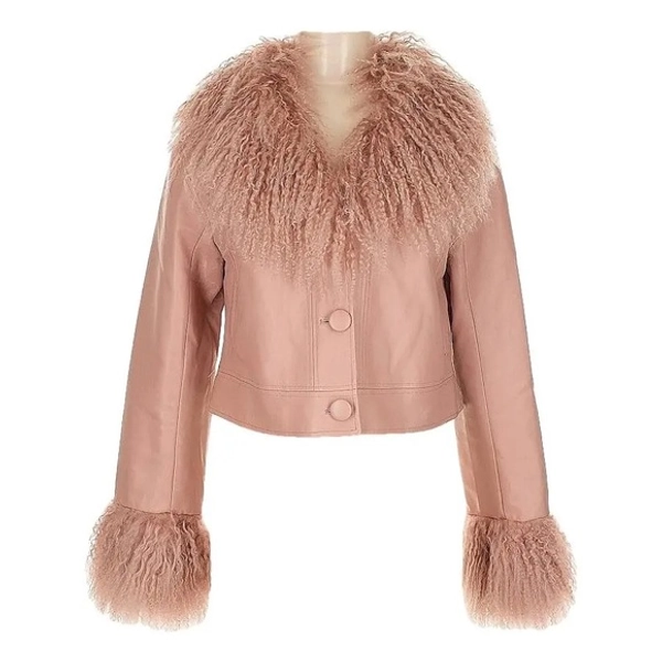Charlotte Simone Cropped Penny Dust Pink Mongolian Trim Jacket🎀
