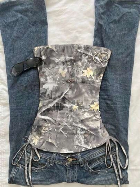 Attitoon Women Ruched Knot Dry Leaf & Tree Branch Print Blouse Camo Tube Top Western Wear Women Country Music Festival Western Summer Rodeo Back To School Goth