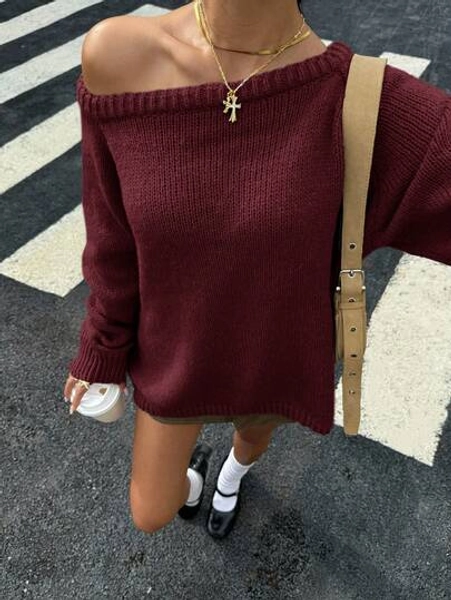 Muchica Casual Loose Solid Color Raglan Sleeve Sweater, Autumn/Winter,Off The Shoulder Sweater