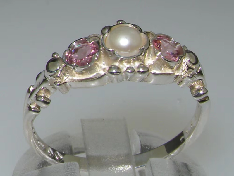Sterling Silver Pearl & Pink Tourmaline Ring - Georgian Trilogy Design