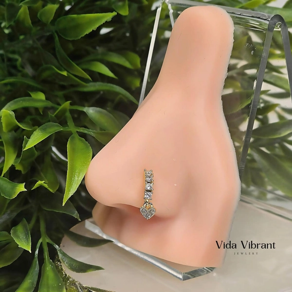 Dainty Heart Dangle Nose Hoop. 316L Surgical Steel. 20G. Clear Stone Accents. Available in Gold. Tarnish-Free. Waterproof
