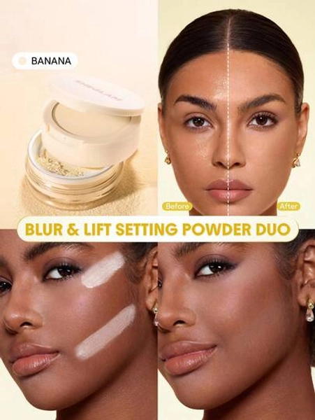 SHEGLAM Insta-Ready Ultra-Fine Blur & Lift Setting Powder Duo-Banana Brand Beauty Makeup Face Paint Cosmetic For Women Girls Perfect For Fall Winter Ideal For Y2K Fancy Fashion Suitable For Birthday Christmas Present Party Ready Best Color