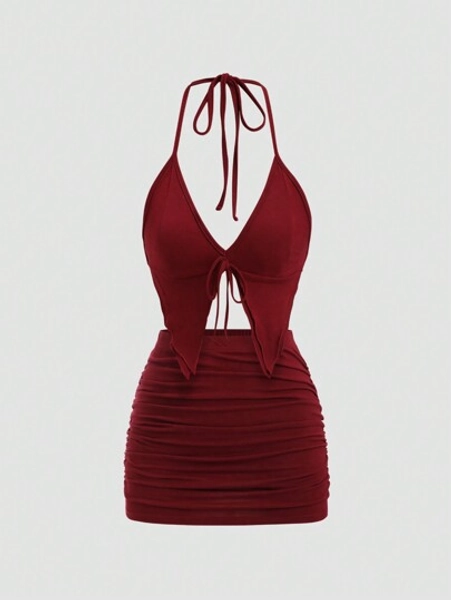 EgrlEra 2pcs/Set Sexy Backless Tie Neck Top & Ruched Skirt Outfit, Fall Season Y2K Outfit 