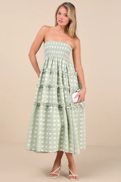 Beautiful Sentiments Sage Floral Strapless Tiered Midi Dress
