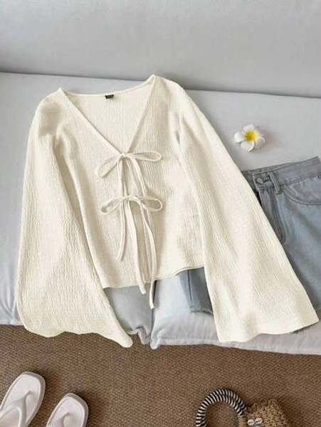 SHEIN LUNE Women's Casual Solid Color Tie Cuff Flare Sleeve Blouse V Neck Top Tie Front Top Knit Top Bell Sleeve Top Cottagecore Top,Blusas Femininas Elegante