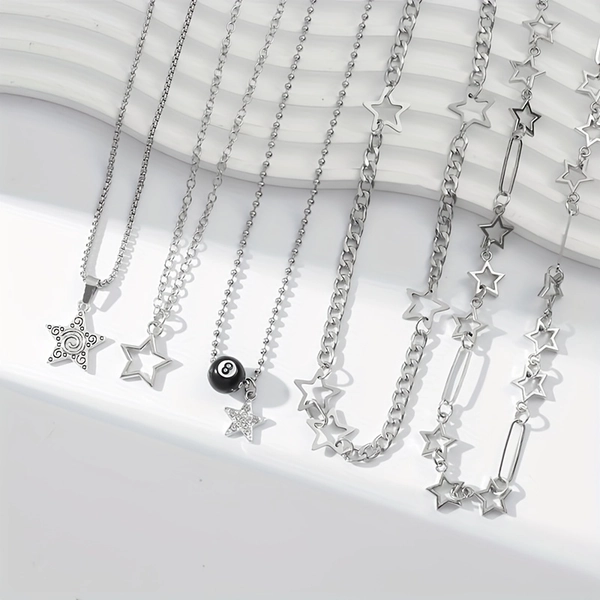 5pcs Y2K Retro Star Chain Necklace Set - Vintage-Inspired Multicolor Star Charms, Durable Synthetic Synthetic Zircon​, Perfect for Parties, Daily Wear & Gift Giving, For Teenager