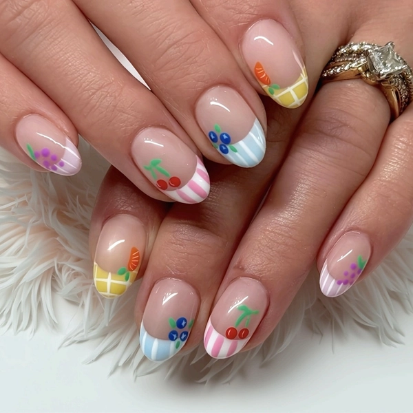 24pcs Short Round Cute Fresh Cartoon Fruit Press-On Nails, Perfect for Daily Wear, Parties, Dates, Weddings, Office, School, Travel & Gift Giving | Reusable Fake Nails with Natural Look