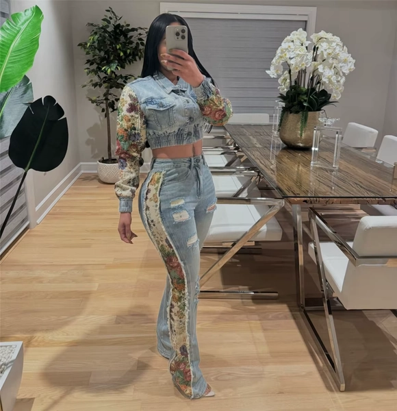 Jeans Suit Women Denim Two Piece Set Short Coat Pants Outfits Hole Trousers Flower Print Turn Down Collar Autumn 2025 Y2k - AliExpress 200000345