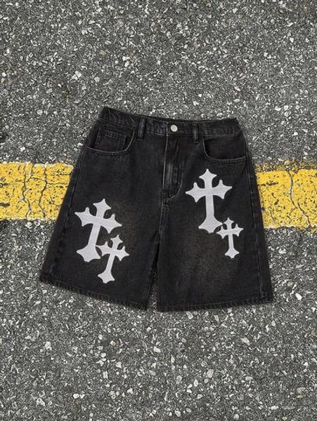 SHEIN Teen Boy Fashion Casual Y2k Vintage Cross Embroidery Pocket Wide-Leg Loose Casual Denim Long Shorts,Girls Summer Vacation Concert Streetwear Outfits For Teen Boy Clothes Boys Costume Dailywear And Teen Boy Summer And Spring Rave Outfits Festival And Beach Outfits Clothes