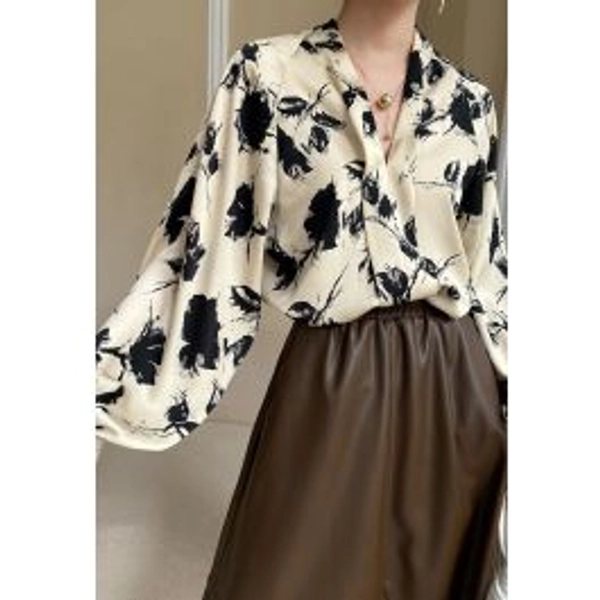 Ink Floral Lantern Sleeve Satin Shirt in Light Tan