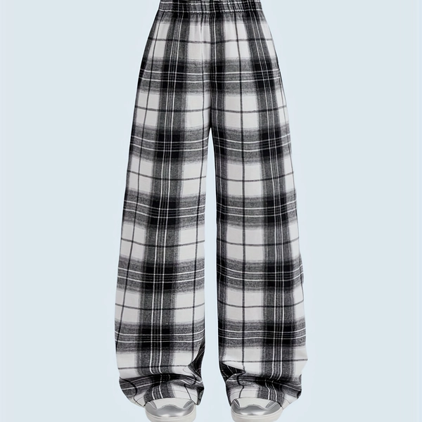 Casual Black and White Plaid Wide-Leg Pants for Youngsters - Trendy Checkered Pattern, Comfortable Non-Stretch Fabric, Perfect for Spring/Fall Casual Attire, Everyday Youngsters'S Clothing | Checkered Pattern Pants | Nonstretch Fabric, for Outdoor