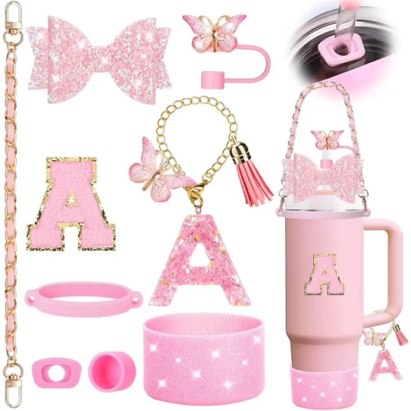 9PCS Pink Cup Accessories Set for Stanley Cup 30oz 40oz tumbler with handle - Includes Strap,Straw