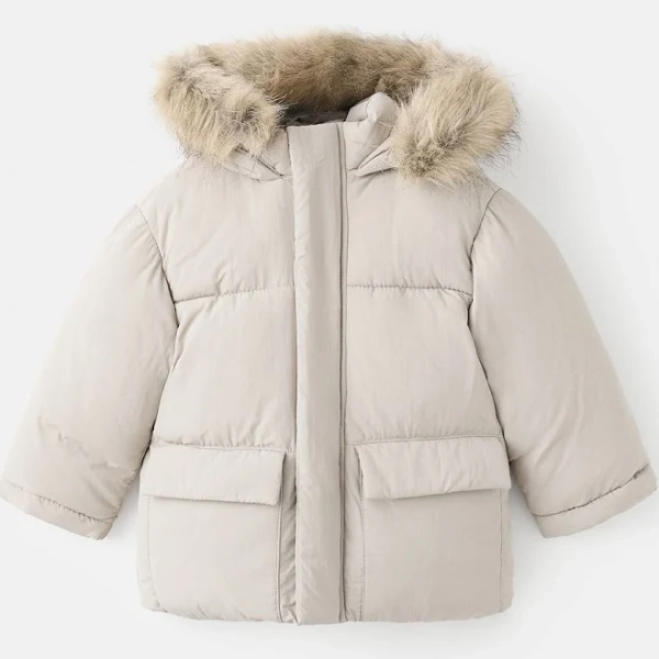 MANGO Baby Puffer Coat with Fur-effect Hood