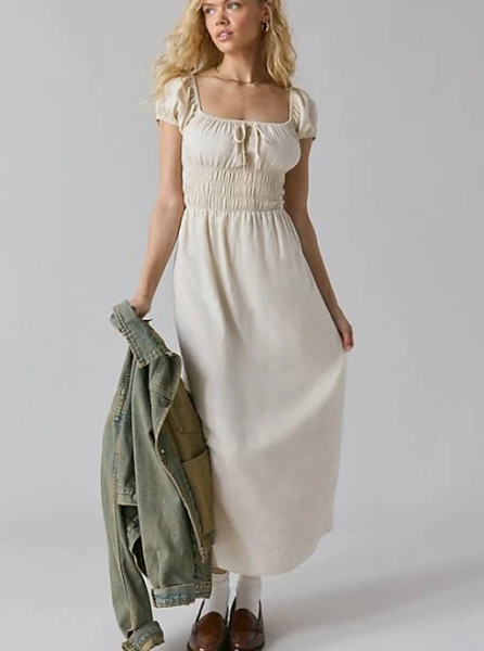 Vintage & Remade by Uo Made in La Ecovero Linen Smocked Milkmaid Midi Dress